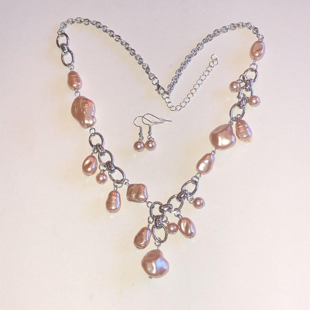 Faux Pearl Drop Necklace and Earring Set - Pink Pearlescent